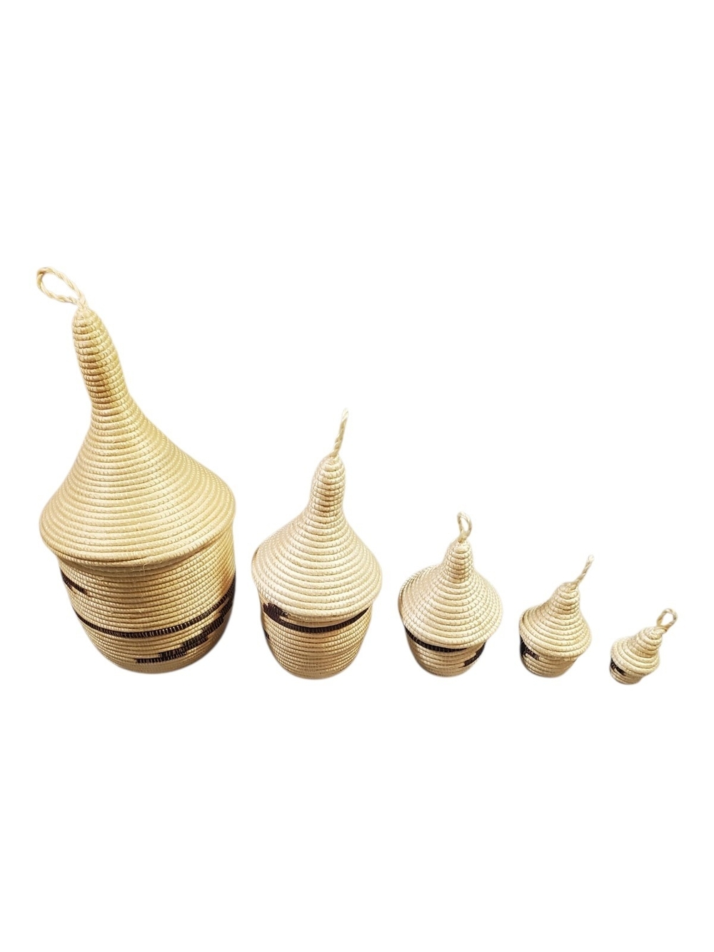 Set of 5 Rwandan Tutsi Handwoven Decorative Baskets in Natural Straw